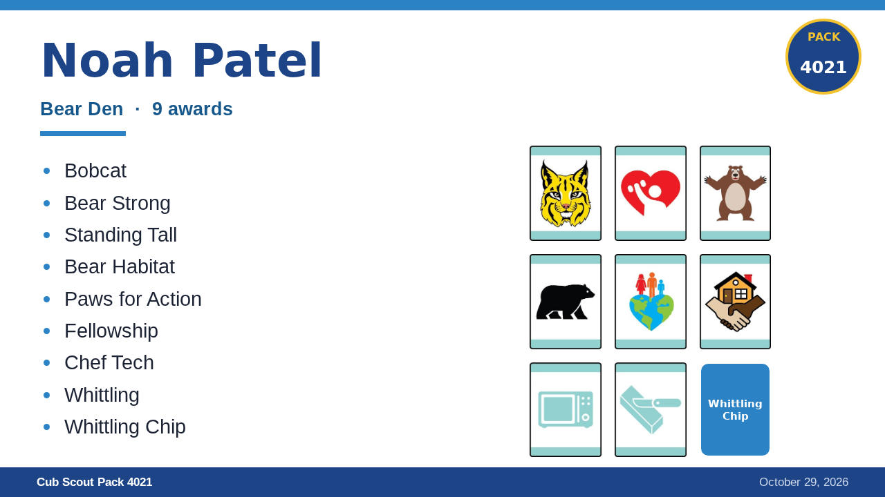 A sample award slide: the scout's name, a list of adventures and a grid of loop images